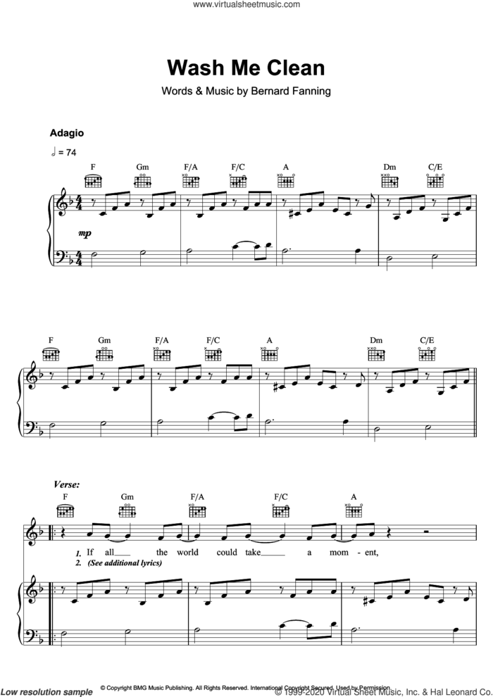 Wash Me Clean sheet music for voice, piano or guitar by Bernard Fanning, intermediate skill level