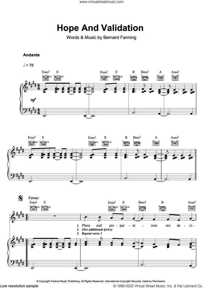 Hope And Validation sheet music for voice, piano or guitar by Bernard Fanning, intermediate skill level