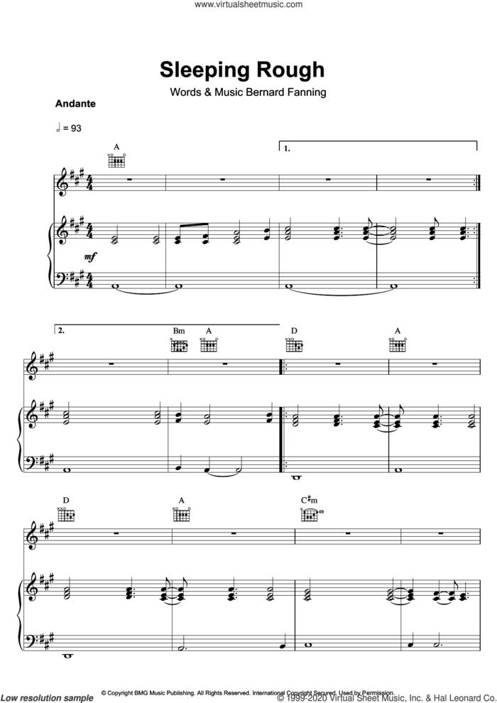 Sleeping Rough sheet music for voice, piano or guitar by Bernard Fanning, intermediate skill level