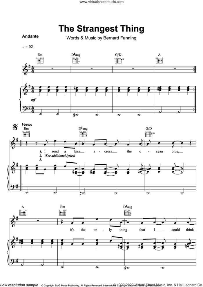 The Strangest Thing sheet music for voice, piano or guitar by Bernard Fanning, intermediate skill level