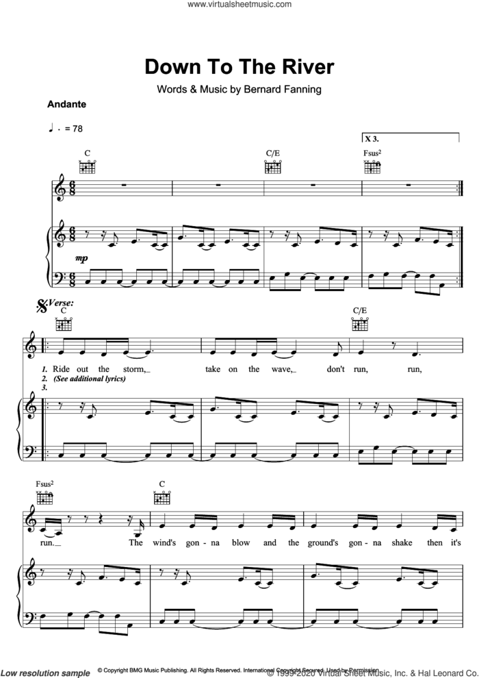 Down To The River sheet music for voice, piano or guitar by Bernard Fanning, intermediate skill level