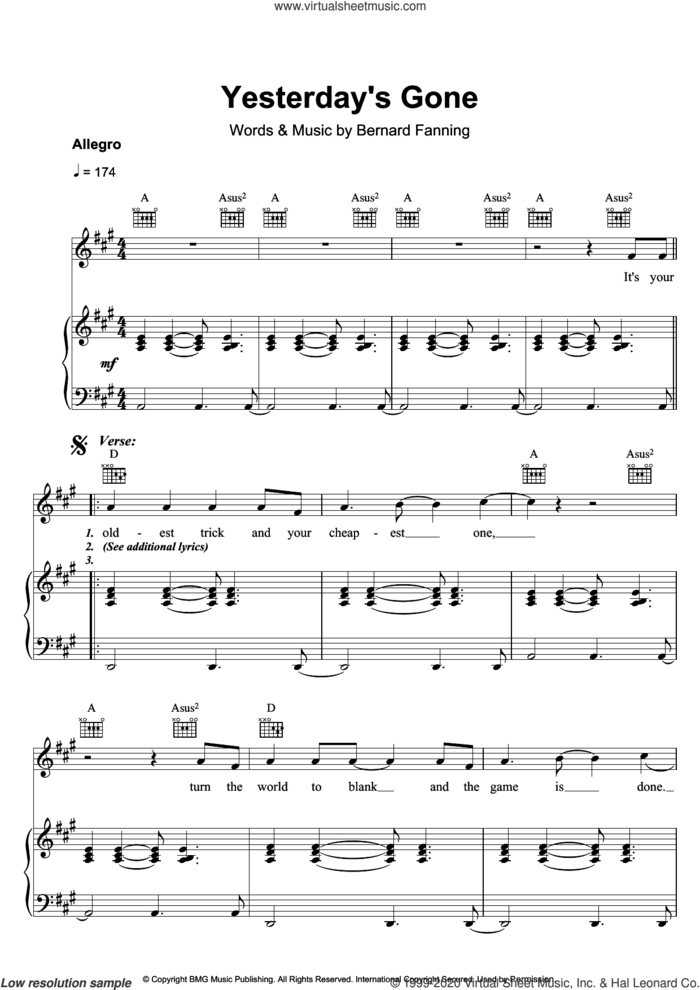 Yesterday's Gone sheet music for voice, piano or guitar by Bernard Fanning, intermediate skill level