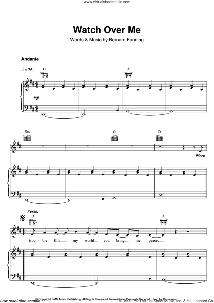 Watch Over Me sheet music for voice, piano or guitar by Bernard Fanning, intermediate skill level