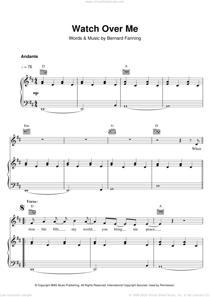 Watch Over Me sheet music for voice, piano or guitar by Bernard Fanning, intermediate skill level