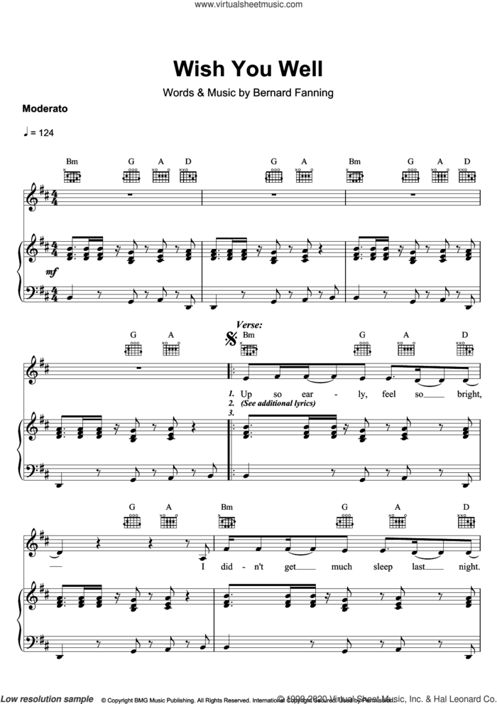 Wish You Well sheet music for voice, piano or guitar by Bernard Fanning, intermediate skill level