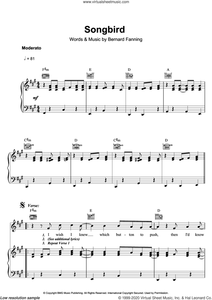 Songbird sheet music for voice, piano or guitar by Bernard Fanning, intermediate skill level