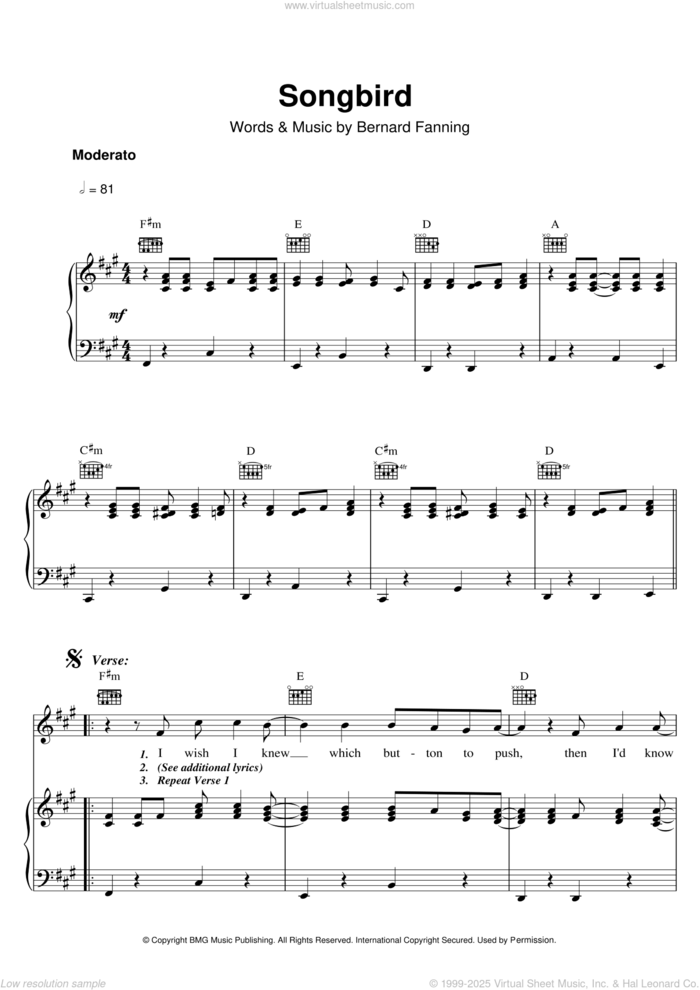 Songbird sheet music for voice, piano or guitar by Bernard Fanning, intermediate skill level