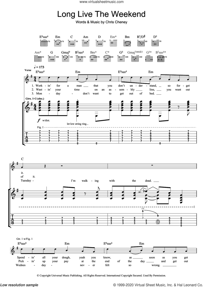 Long Live The Weekend sheet music for guitar (tablature) by The Living End and Chris Cheney, intermediate skill level