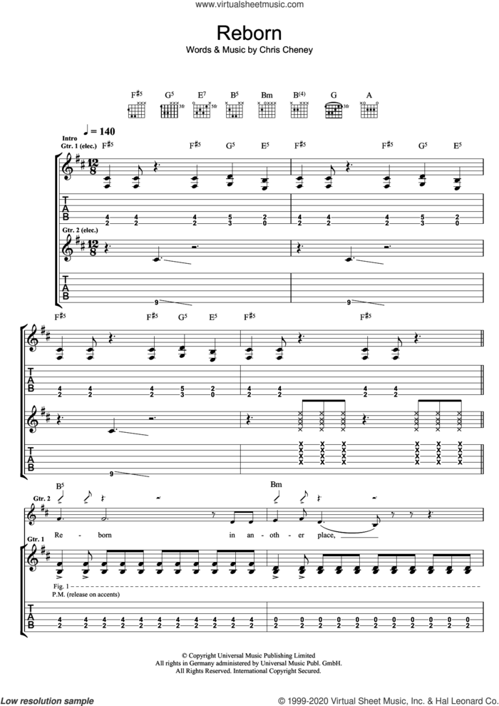 Reborn sheet music for guitar (tablature) by The Living End and Chris Cheney, intermediate skill level