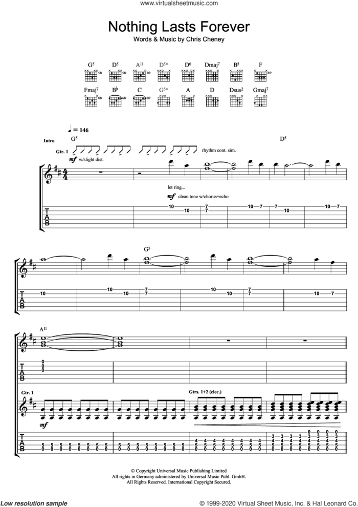 Nothing Lasts Forever sheet music for guitar (tablature) by The Living End and Chris Cheney, intermediate skill level