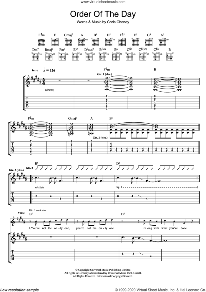 Order Of The Day sheet music for guitar (tablature) by The Living End and Chris Cheney, intermediate skill level