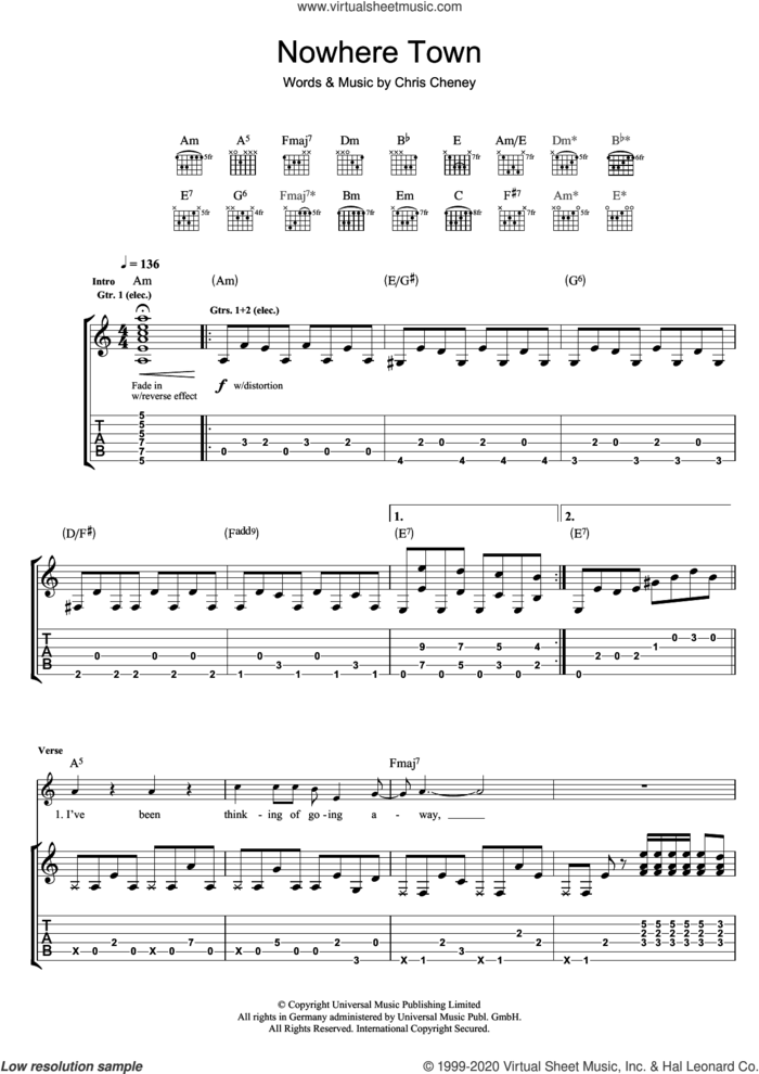 Nowhere Town sheet music for guitar (tablature) by The Living End and Chris Cheney, intermediate skill level