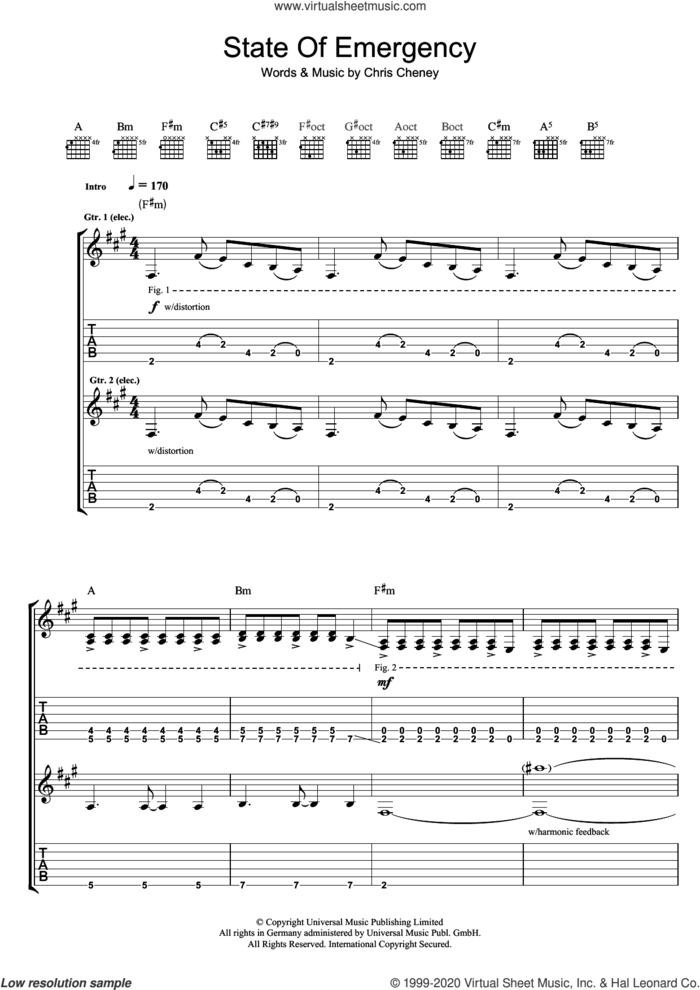 State Of Emergency sheet music for guitar (tablature) by The Living End and Chris Cheney, intermediate skill level