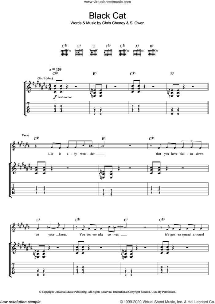 Black Cat sheet music for guitar (tablature) by The Living End, Chris Cheney and S. Owen, intermediate skill level