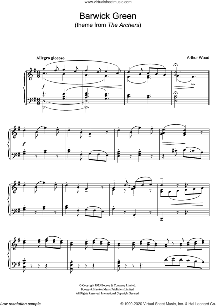 Barwick Green (theme from The Archers) sheet music for piano solo by Arthur Wood, intermediate skill level