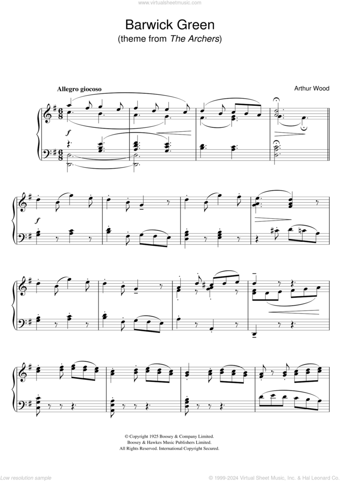 Barwick Green (theme from The Archers) sheet music for piano solo by Arthur Wood, intermediate skill level