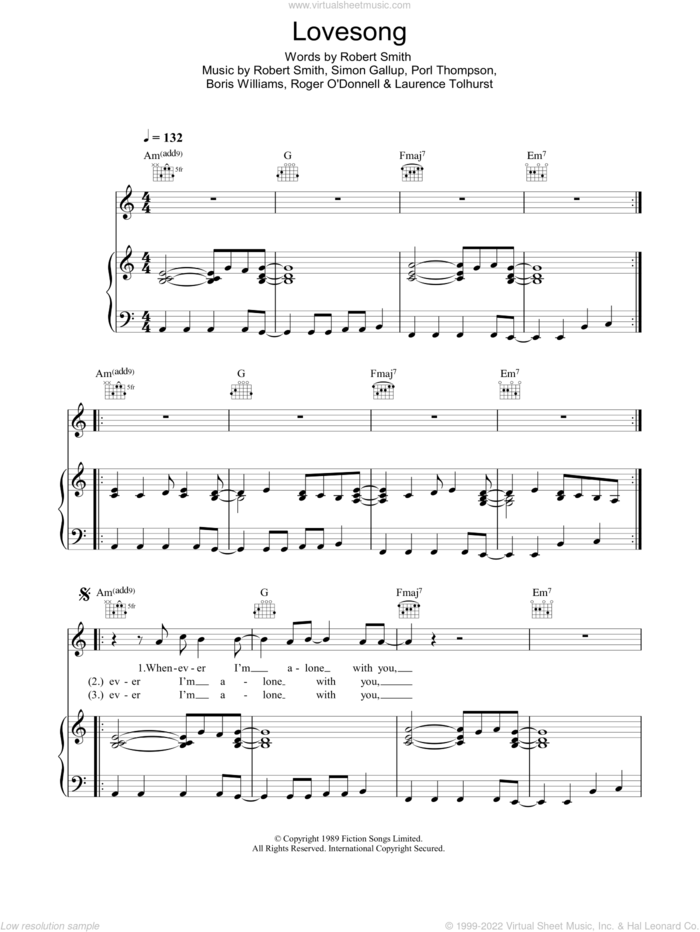 Lovesong sheet music for voice, piano or guitar by The Cure, Boris Williams, Laurence Tolhurst, Porl Thompson, Robert Smith and Simon Gallup, intermediate skill level