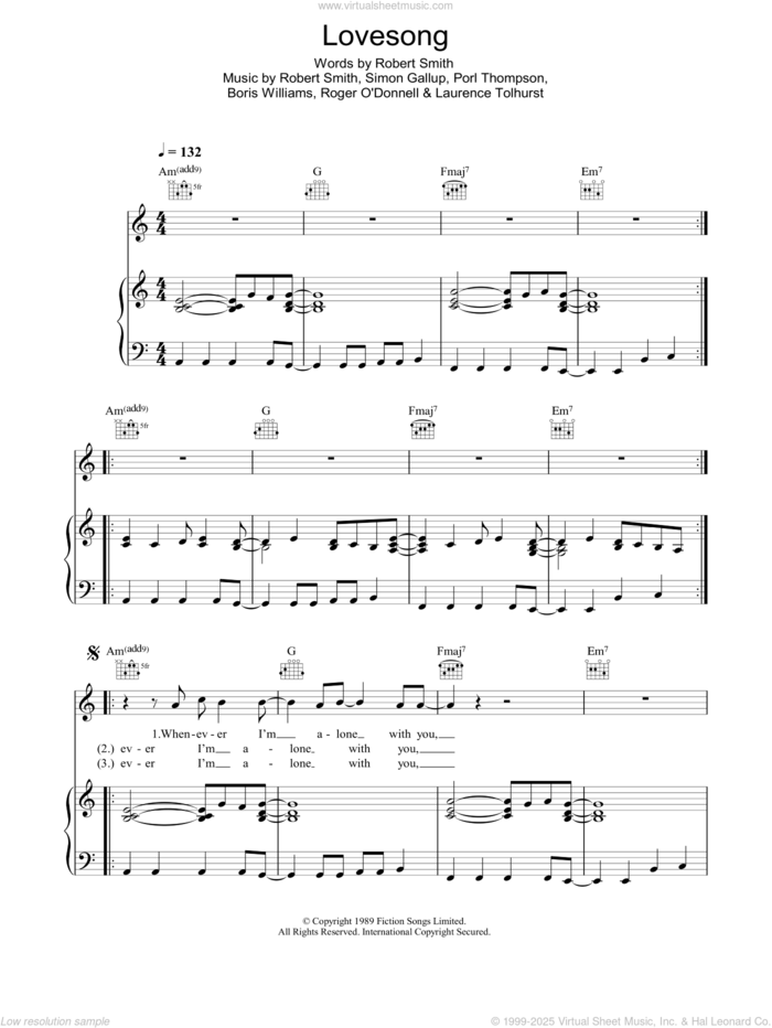 Lovesong sheet music for voice, piano or guitar by The Cure, Boris Williams, Laurence Tolhurst, Porl Thompson, Robert Smith and Simon Gallup, intermediate skill level