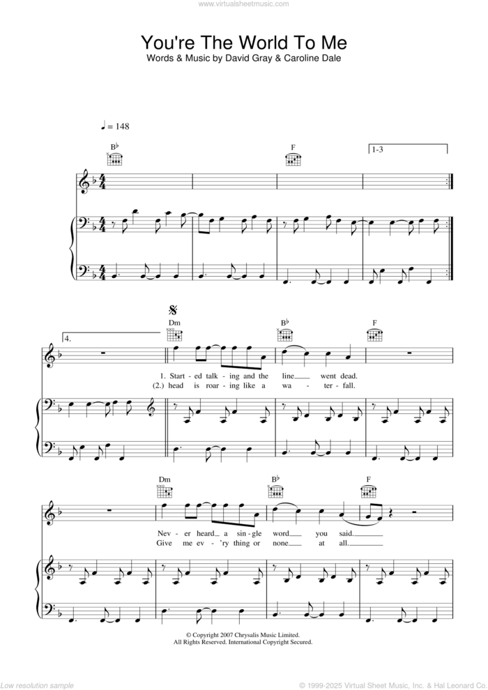 You're The World To Me sheet music for voice, piano or guitar by David Gray and Caroline Dale, intermediate skill level