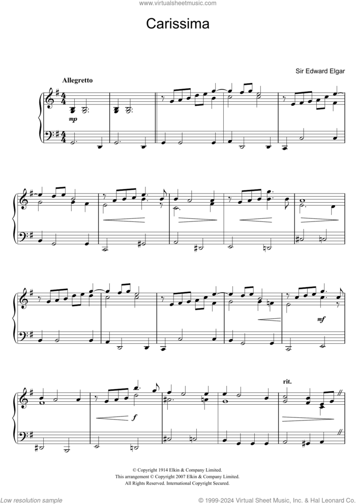 Carissima sheet music for piano solo by Edward Elgar, classical score, easy skill level