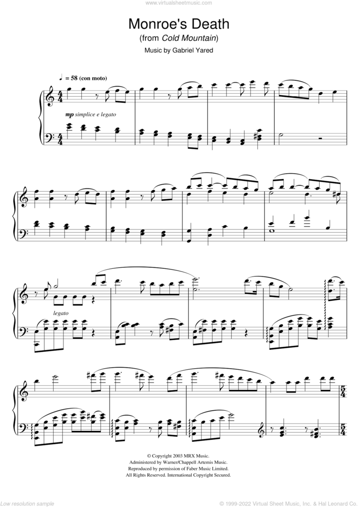 Monroe's Death (from Cold Mountain) sheet music for piano solo by Gabriel Yared, intermediate skill level