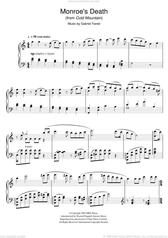 Monroe's Death (from Cold Mountain) sheet music for piano solo by Gabriel Yared, intermediate skill level