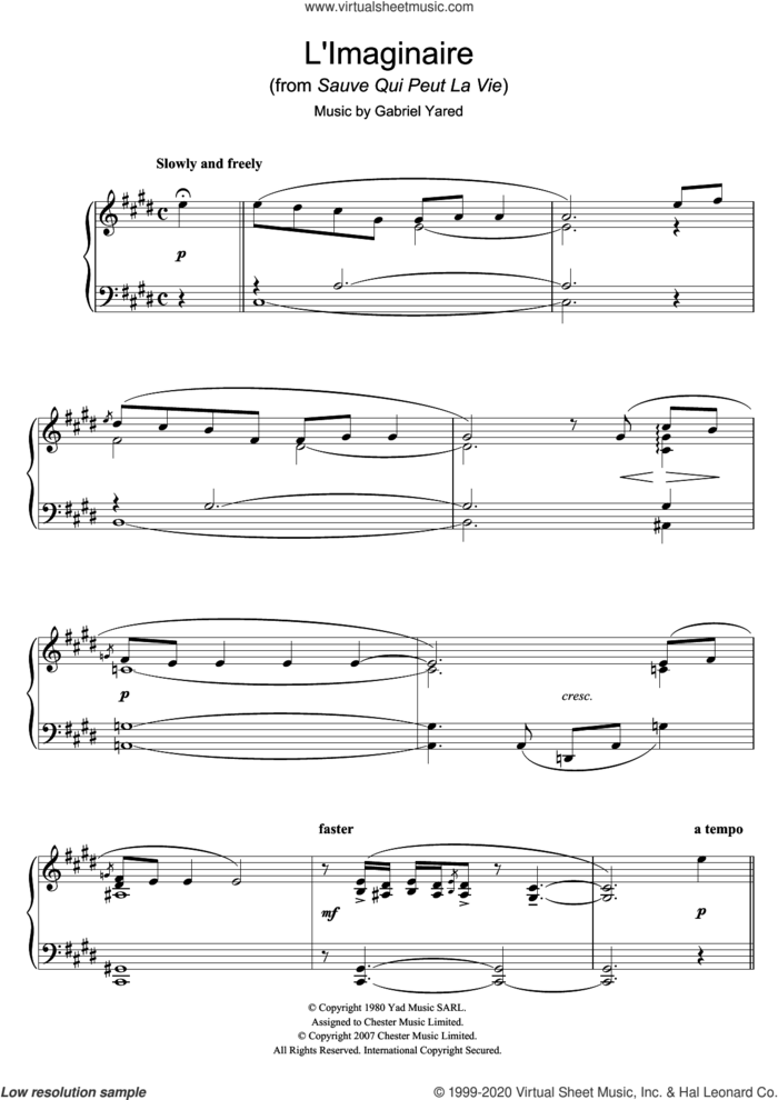 L'Imaginaire (from Sauve Qui Peut La Vie) sheet music for piano solo by Gabriel Yared, intermediate skill level