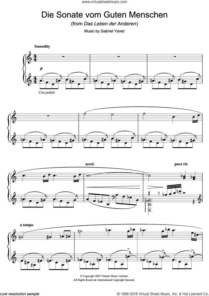 Die Andere Sonate (from Das Leben der Anderen) sheet music for piano solo by Gabriel Yared, intermediate skill level