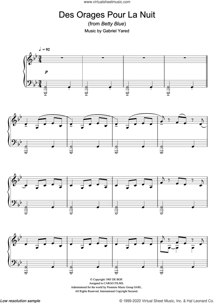 Des Orages Pour La Nuit (from Betty Blue) sheet music for piano solo by Gabriel Yared, intermediate skill level