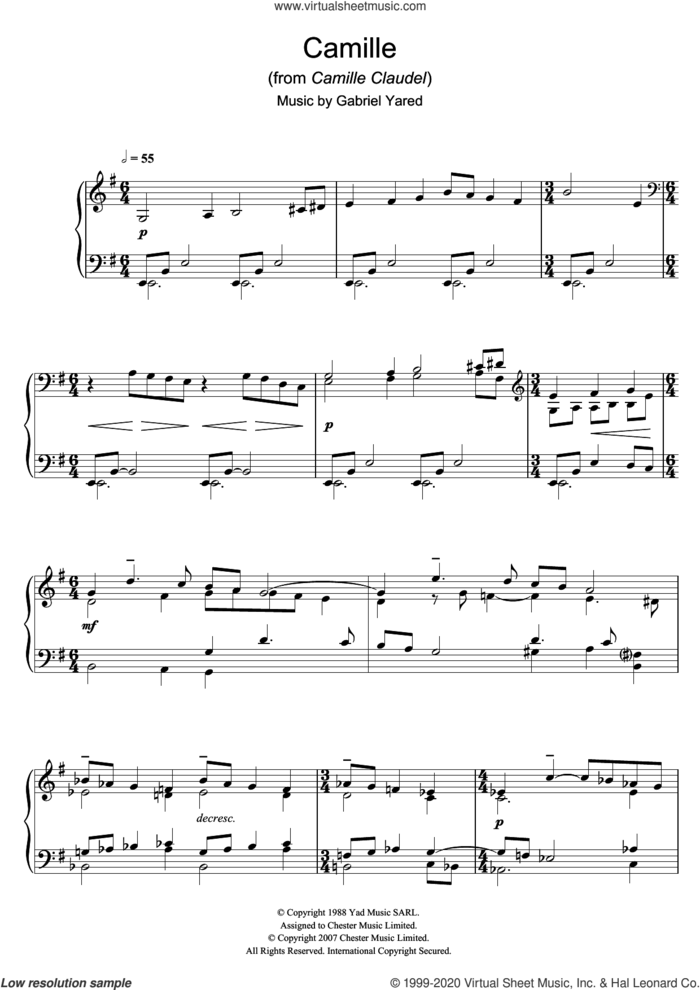 Camille (from Camille Claudel) sheet music for piano solo by Gabriel Yared, intermediate skill level