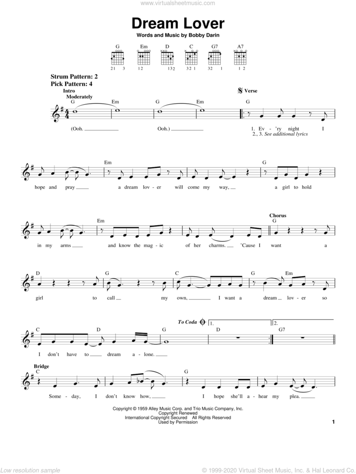 Dream Lover sheet music for guitar solo (chords) by Bobby Darin and Manhattan Transfer, easy guitar (chords)