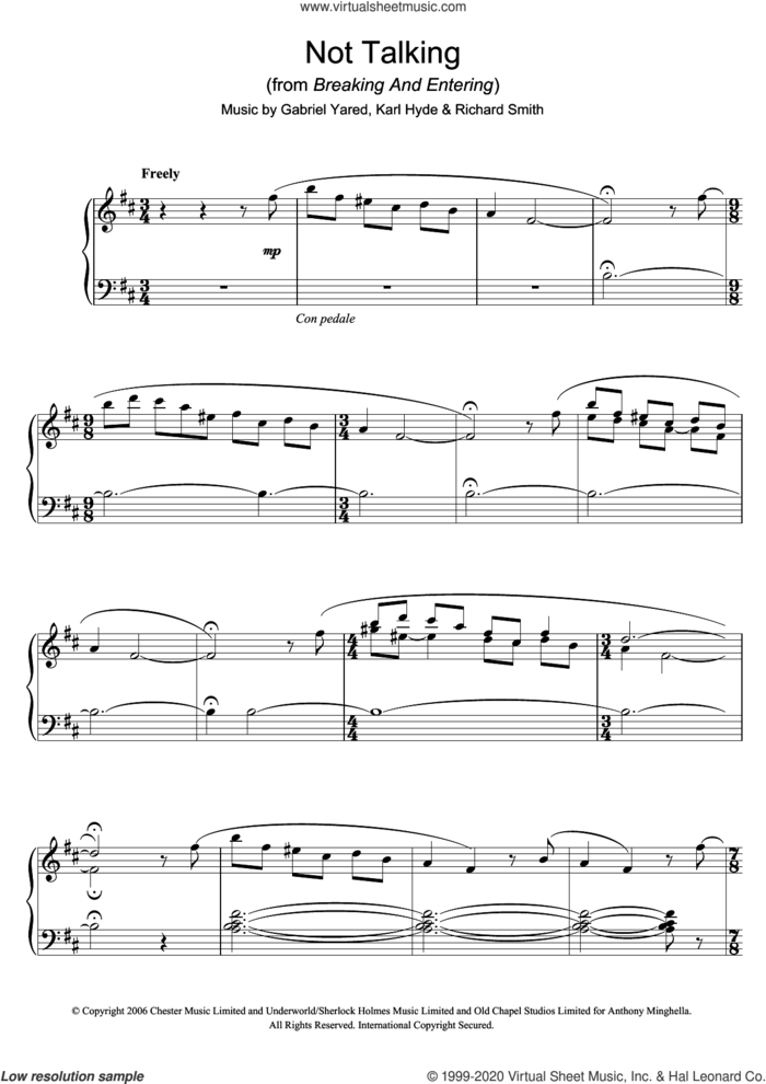 Not Talking (from Breaking And Entering) sheet music for piano solo by Gabriel Yared, Karl Hyde and Richard Smith, intermediate skill level