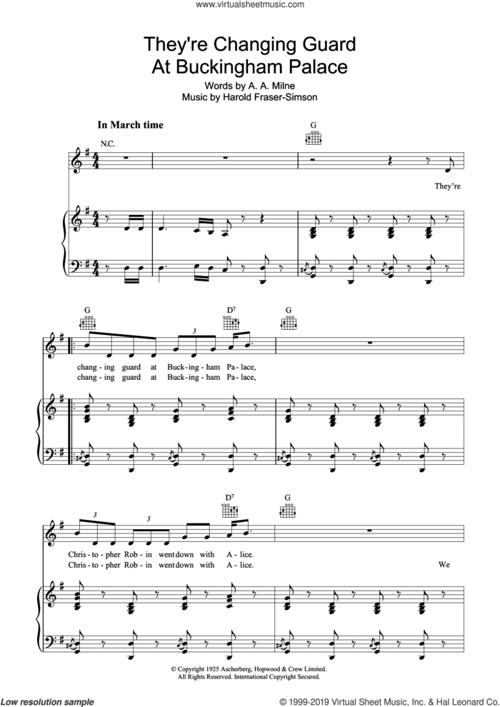 They're Changing Guard At Buckingham Palace sheet music for voice, piano or guitar by A.A. Milne and Harold Fraser Simson, intermediate skill level