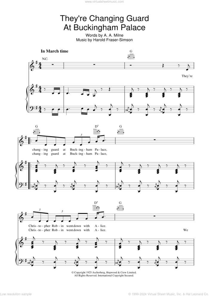 They're Changing Guard At Buckingham Palace sheet music for voice, piano or guitar by A.A. Milne and Harold Fraser Simson, intermediate skill level