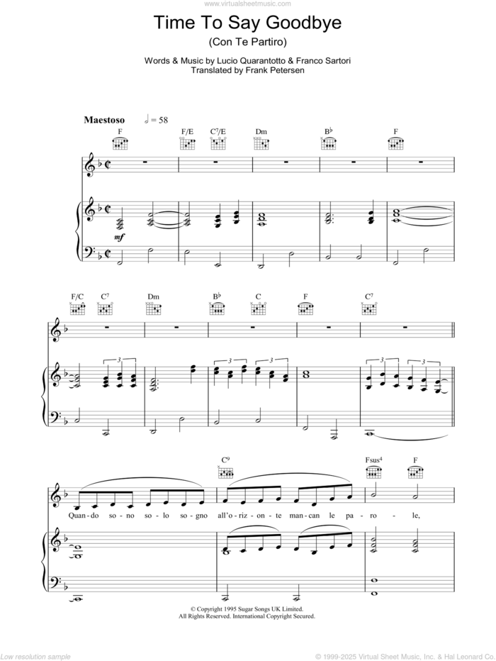 Time To Say Goodbye (Con Te Partiro) sheet music for voice, piano or guitar by Katherine Jenkins, Francesco Sartori, Frank Petersen and Lucio Quarantotto, classical score, intermediate skill level