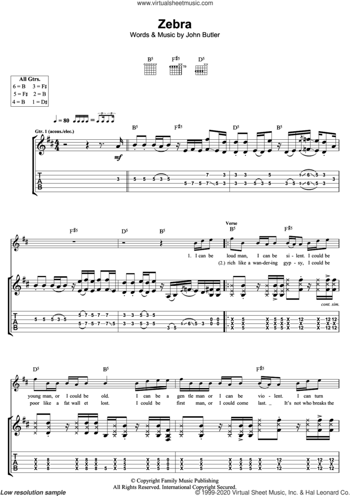 Zebra sheet music for guitar (tablature) by John Butler, intermediate skill level