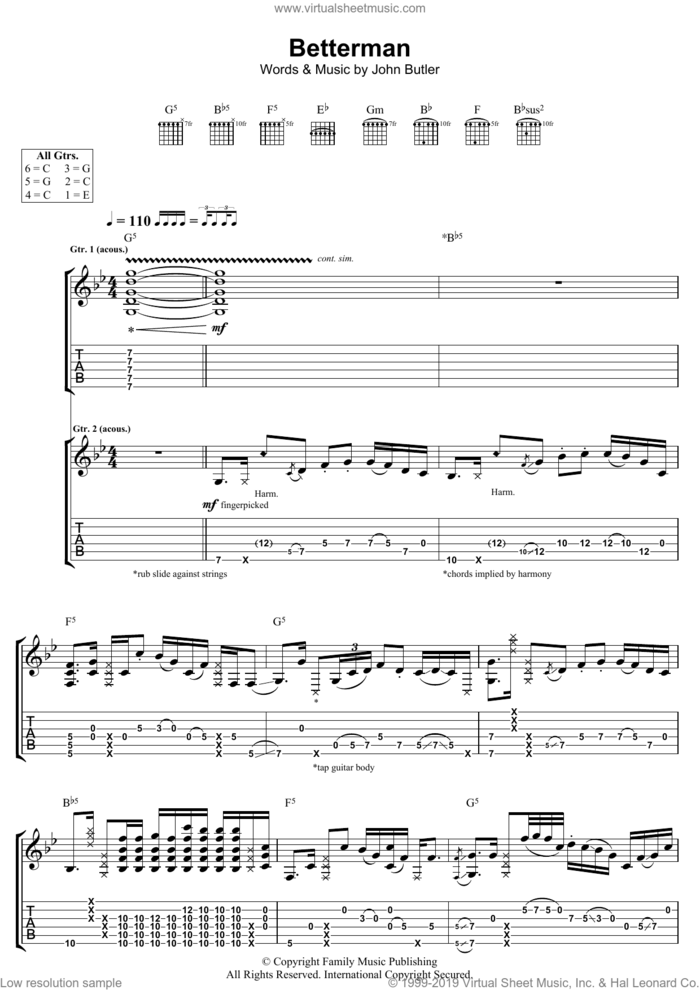 Betterman sheet music for guitar (tablature) by John Butler, intermediate skill level