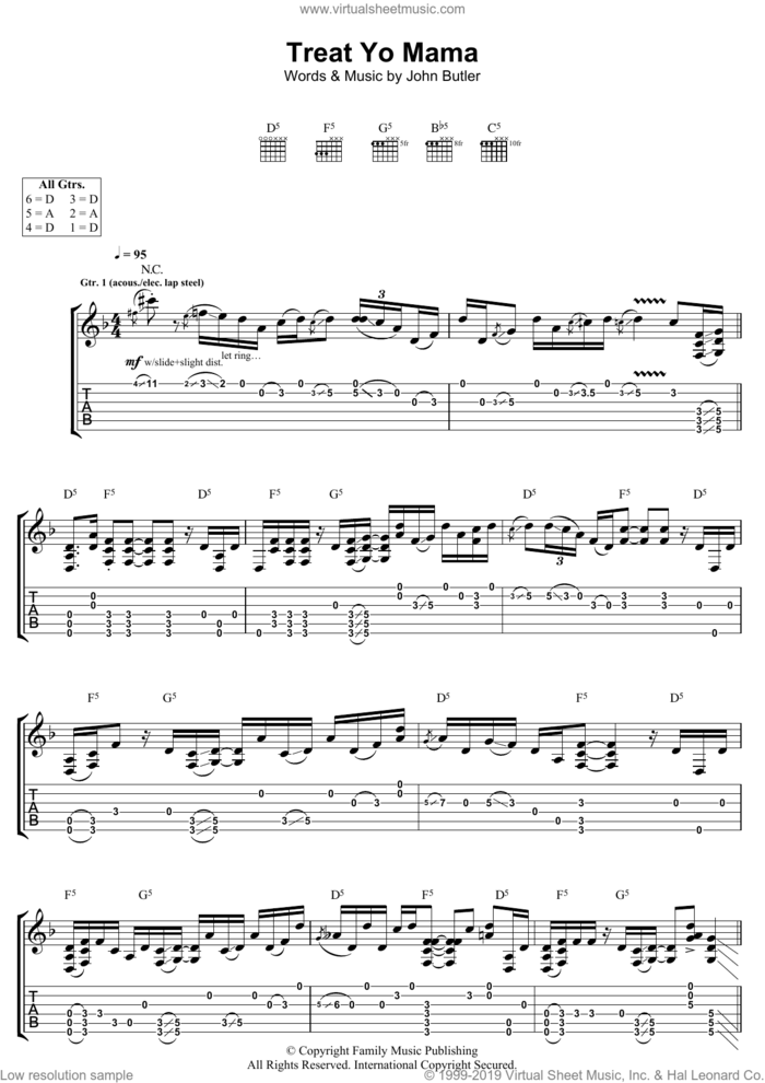 Treat Yo Mama sheet music for guitar (tablature) by John Butler, intermediate skill level