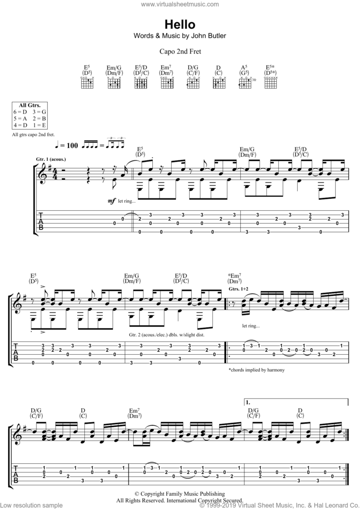 Hello sheet music for guitar (tablature) by John Butler, intermediate skill level