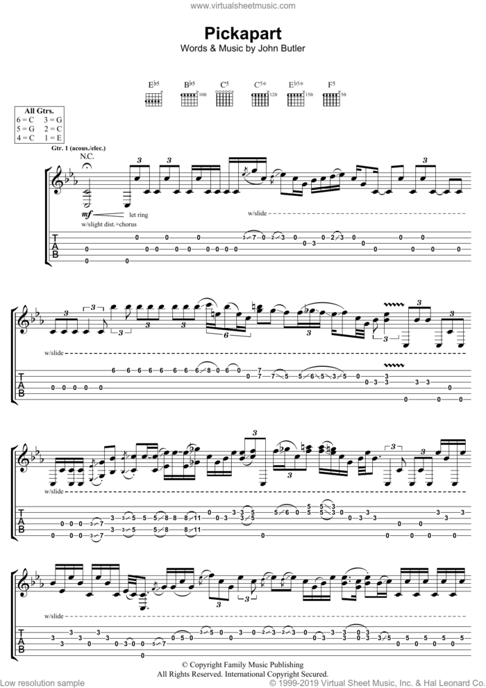 Pickapart sheet music for guitar (tablature) by John Butler, intermediate skill level