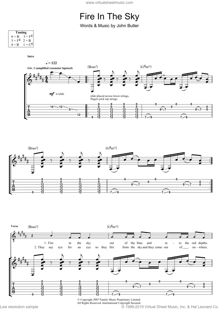 Fire In The Sky sheet music for guitar (tablature) by John Butler, intermediate skill level