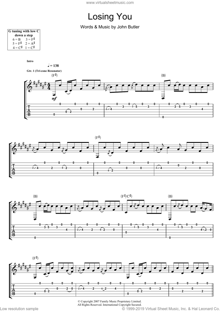 Losing You sheet music for guitar (tablature) by John Butler, intermediate skill level