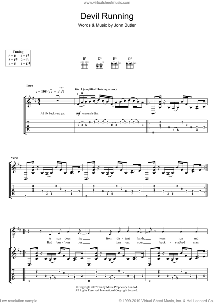 Devil Running sheet music for guitar (tablature) by John Butler, intermediate skill level