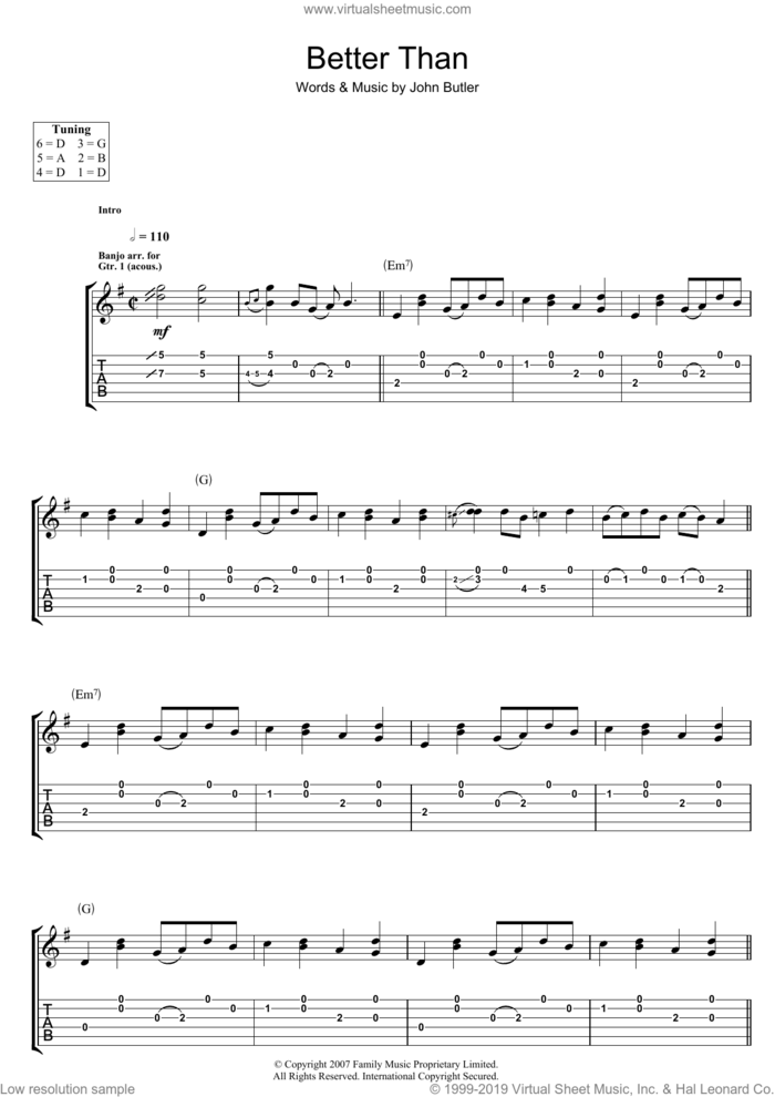 Better Than sheet music for guitar (tablature) by John Butler, intermediate skill level