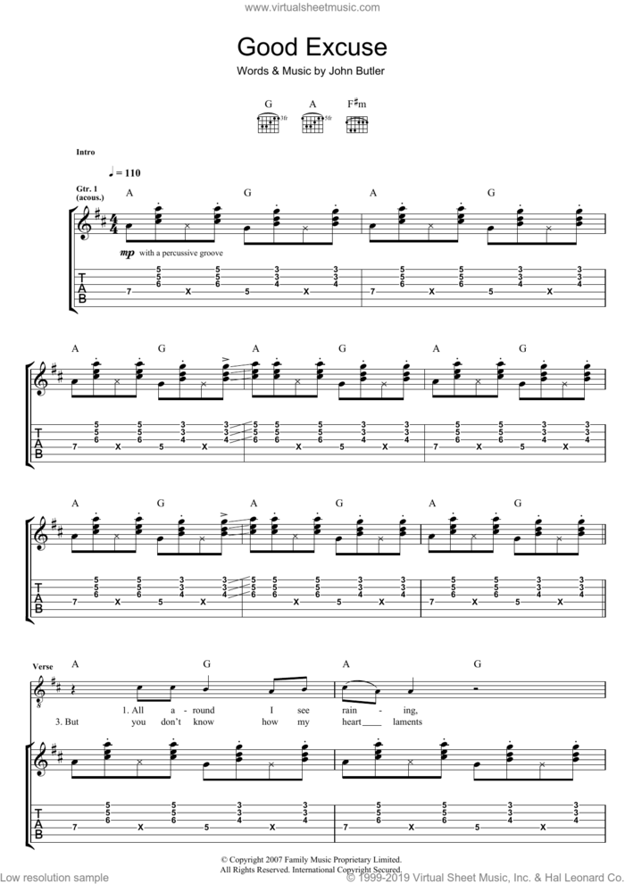 Good Excuse sheet music for guitar (tablature) by John Butler, intermediate skill level