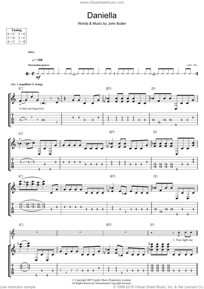 Daniella sheet music for guitar (tablature) by John Butler, intermediate skill level