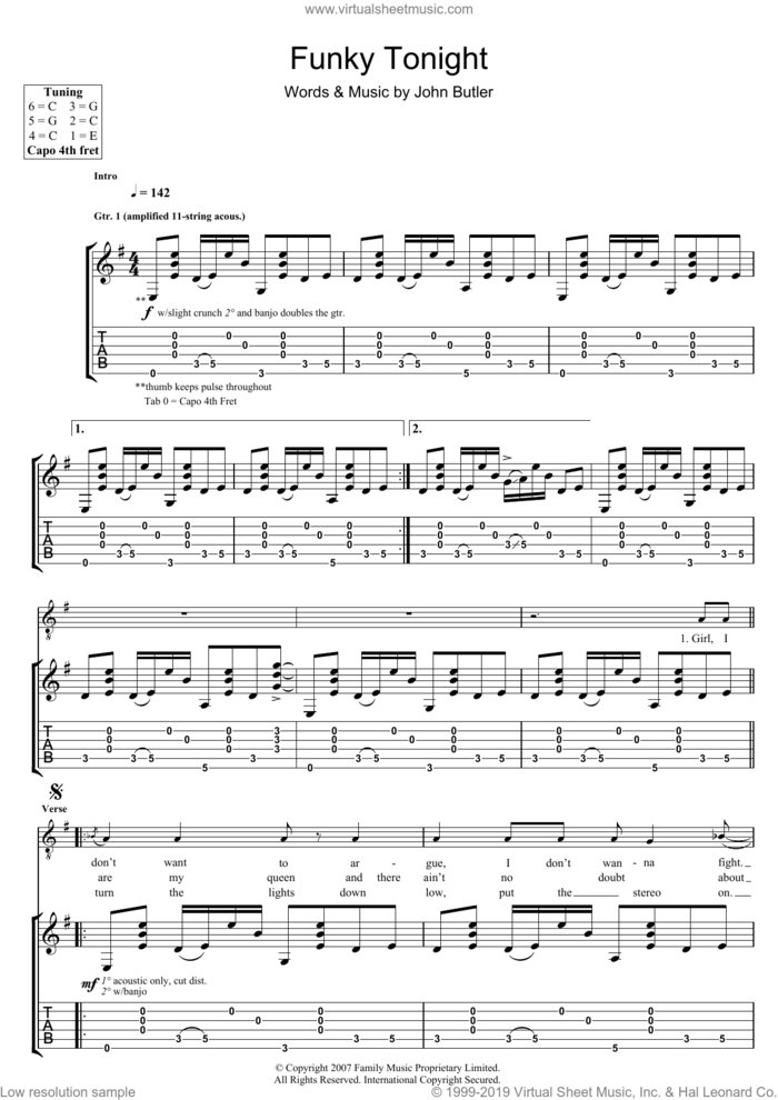 Funky Tonight sheet music for guitar (tablature) by John Butler, intermediate skill level