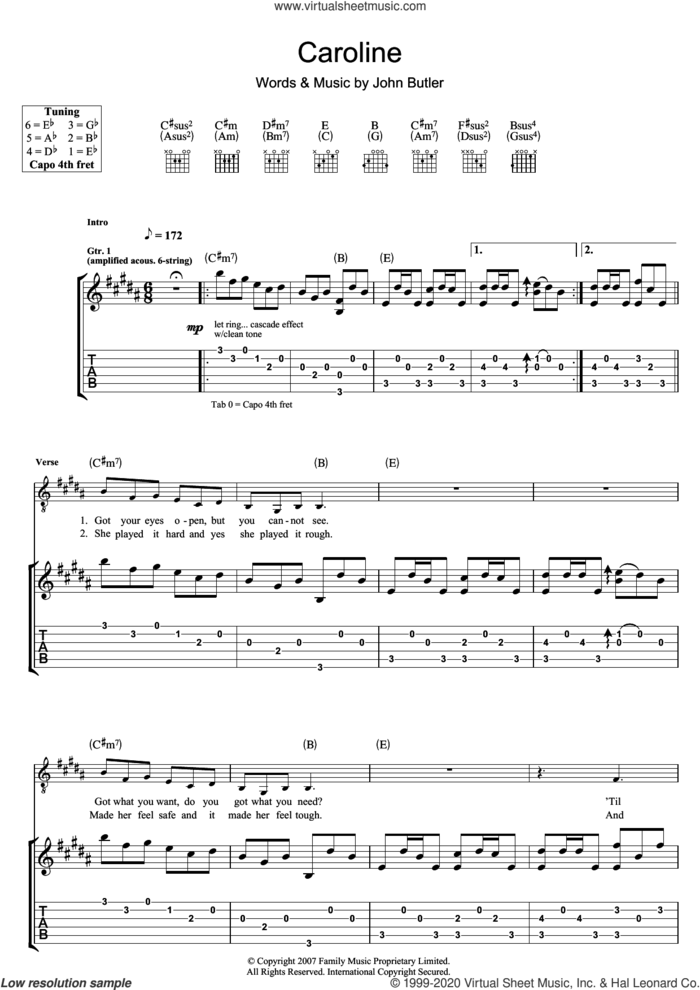 Caroline sheet music for guitar (tablature) by John Butler, intermediate skill level