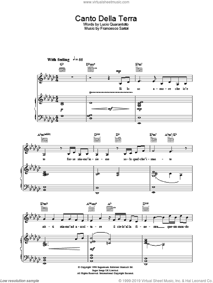 Canto Della Terra sheet music for voice, piano or guitar by Katherine Jenkins, Francesco Sartori and Lucio Quarantotto, classical score, intermediate skill level