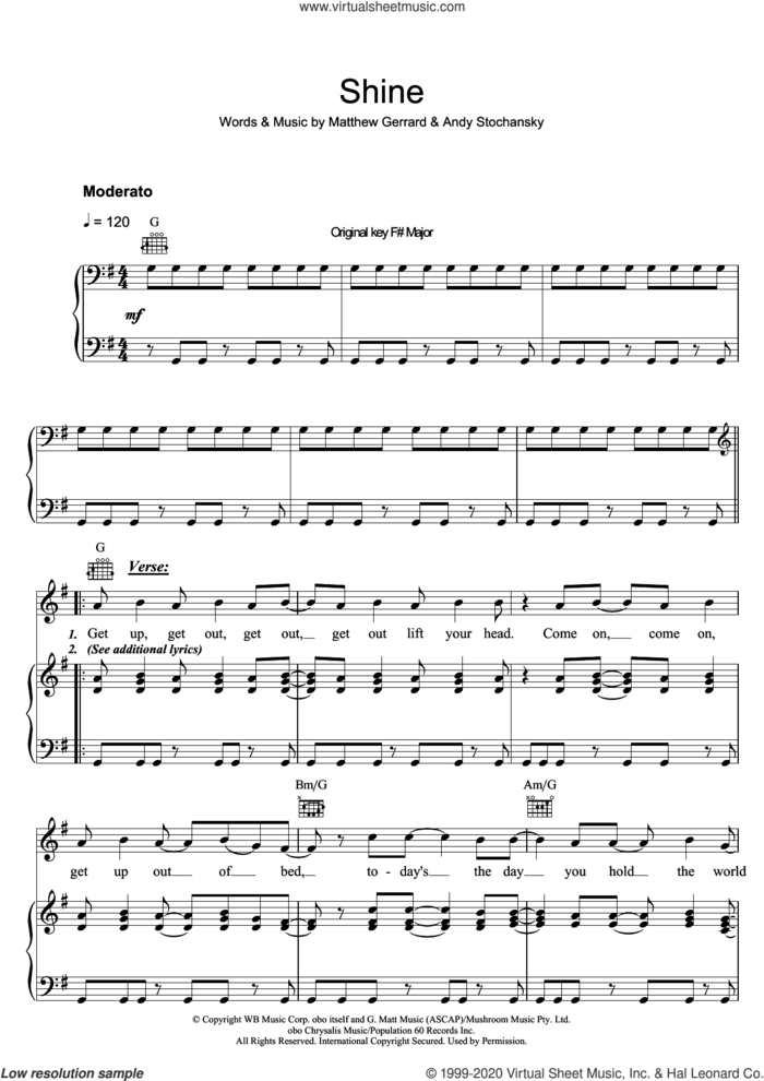 Shine sheet music for voice, piano or guitar by Shannon Noll, Andy Stochansky and Matthew Gerrard, intermediate skill level